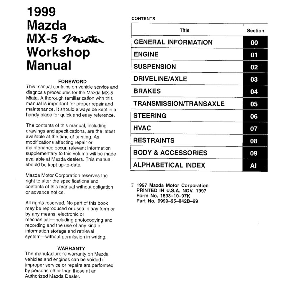 MAZDA MX-5 MIATA NB SERIES 1999-2004 Full Manual Set – Repair & Maintenance Manual