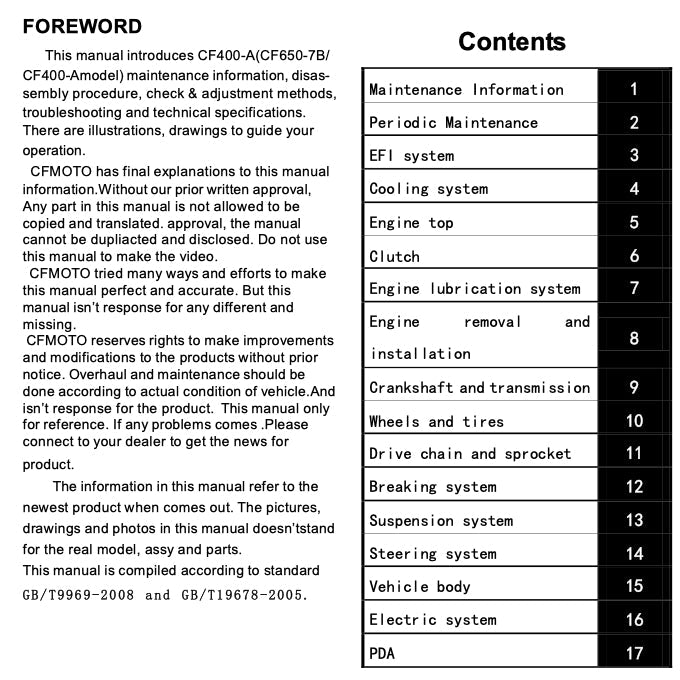 CFMOTO 400NK CF400-A 2017-2022 Full Manual Set – Repair & Maintenance Manual and Spare Parts Catalog and User Handbook